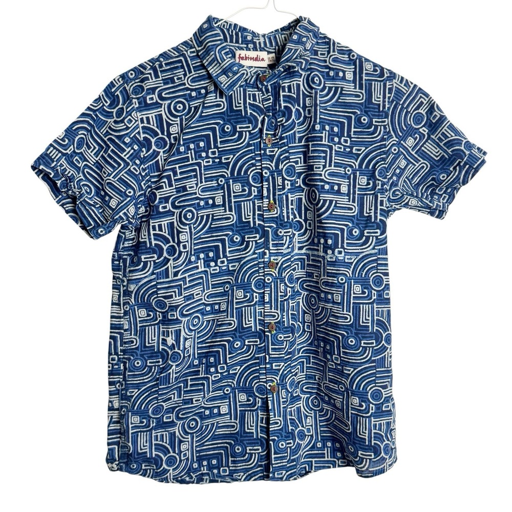 Fabindia Boys 12-14 Indigo Cotton Printed Shirt Vacation Hawaiian Breathable